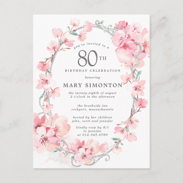 Invitation Carte Postale Fleur de cerise rose pâle 80e anniversaire (Devant)
