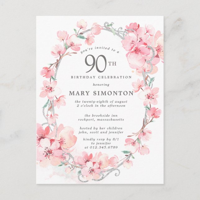 Invitation Carte Postale Fleur de cerise rose pâle 90e anniversaire (Devant)