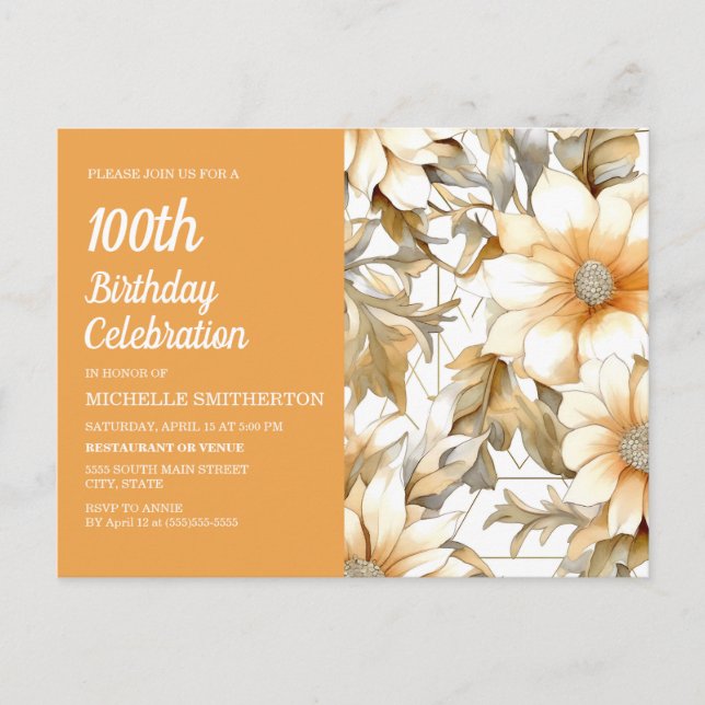 Invitation Carte Postale Fleur Jaune femme 100e anniversaire (Devant)