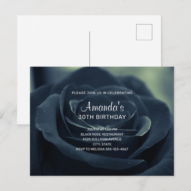 Invitation Carte Postale Fleur Rose noire Vibe gothique foncé Anniversaire (Devant / Derrière)