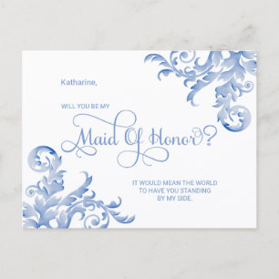 Invitation Carte Postale Fleur Royal Bleu Veux-Tu Être Ma Demoiselle D'Honn
