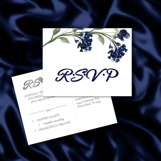 Invitation Carte Postale Fleur sauvage | Classique Bleu Bohème Fleur RSVP (Créateur téléchargé)