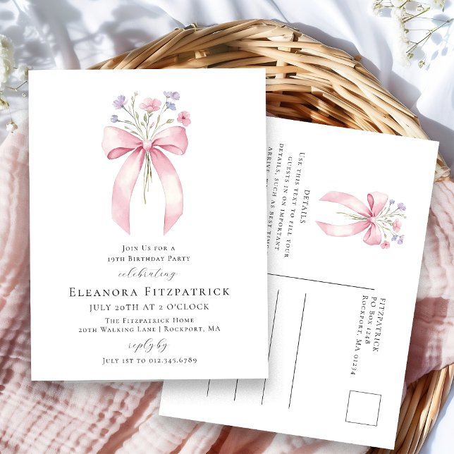 Invitation Carte Postale fleur sauvage de la 19e fête d'anniversaire rose p (Créateur téléchargé)