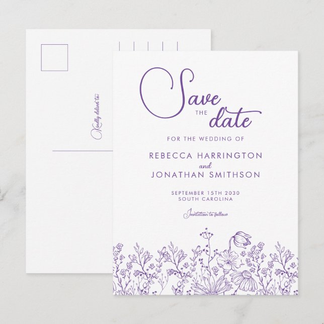 Invitation Carte Postale Fleur sauvage Floral Lilac Mariage Enregistrer La  (Devant / Derrière)