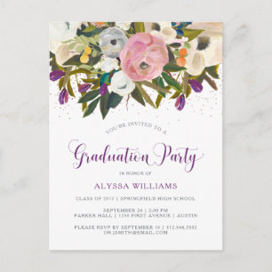 Invitation Carte Postale Fleurs aquarelles Faux Parties scintillant Gradu