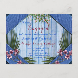 Invitation Carte Postale Fleurs artistiques roses sur texture de bois bleu