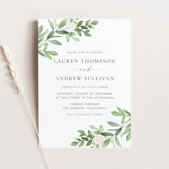 Invitation Carte Postale Fleurs blanches et verdure QR Code Mariage (White Flowers and Greenery QR Code Wedding Invitation Postcard)