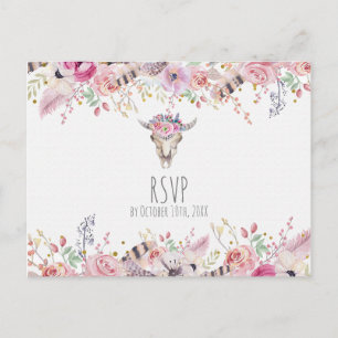 Invitation Carte Postale Fleurs & Crâne de Vache Rustique Campagne Bohème C