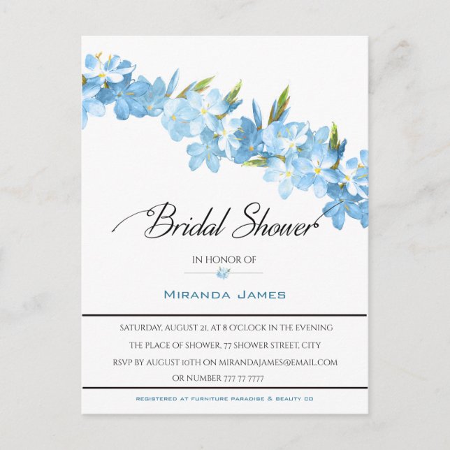 Invitation Carte Postale Fleurs d'aquarelle bleue Fête des mariées élégante (Devant)