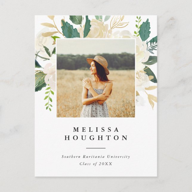 Invitation Carte Postale Fleurs d'aquarelle chic Photo Graduation Party (Devant)