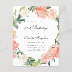 Invitation Carte Postale Fleurs d'aquarelle de Pêche et de crème Fête d'ann