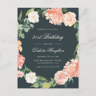 Invitation Carte Postale Fleurs d'aquarelle Gris Blush Peach