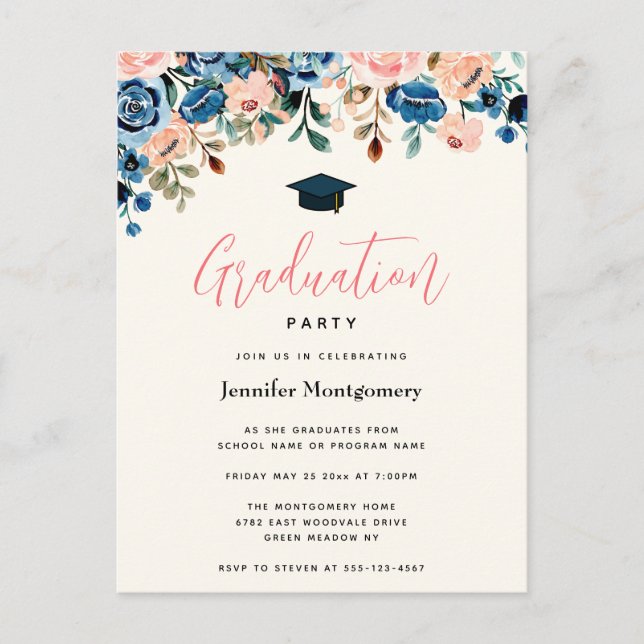Invitation Carte Postale Fleurs d'aquarelle rose et bleu (Devant)