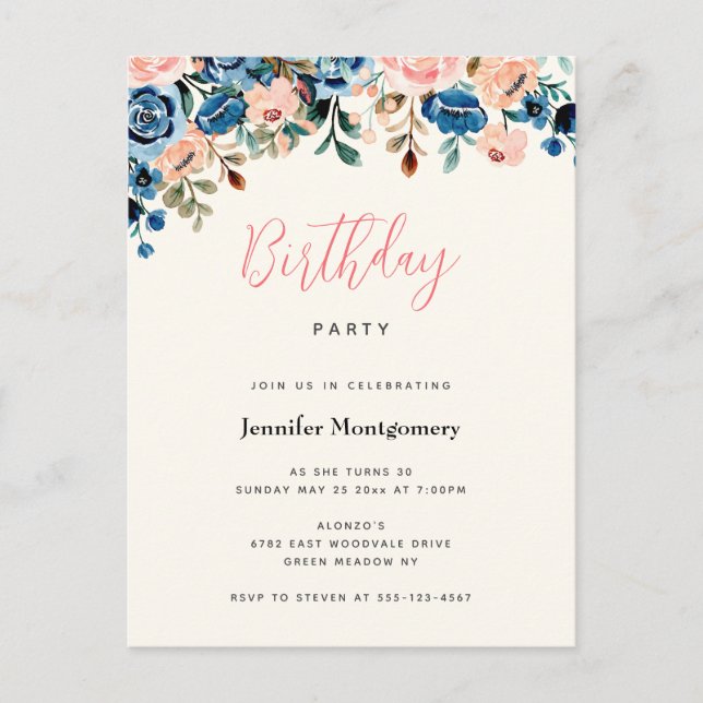 Invitation Carte Postale Fleurs d'aquarelle rose et bleu Anniversaire (Devant)
