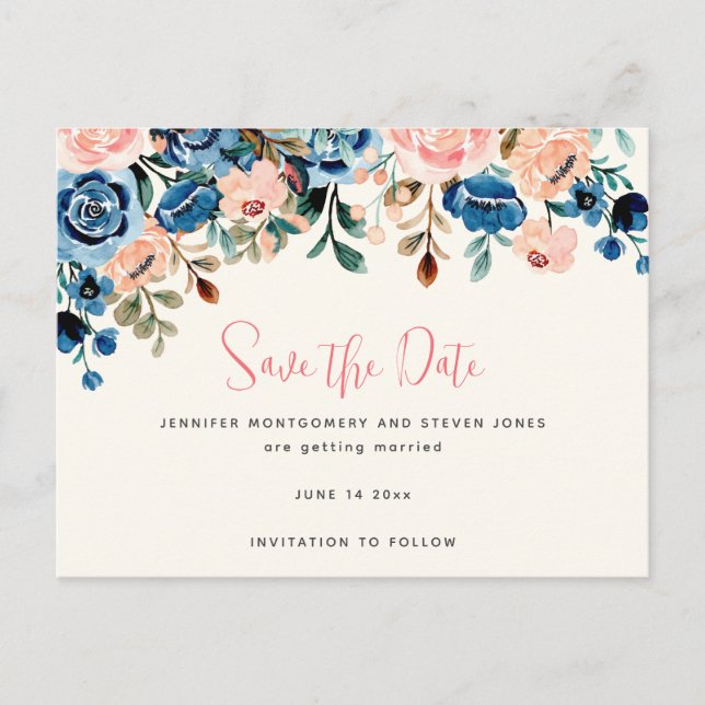 Invitation Carte Postale Fleurs d'aquarelle rose et bleu Enregistrer la dat (Devant)