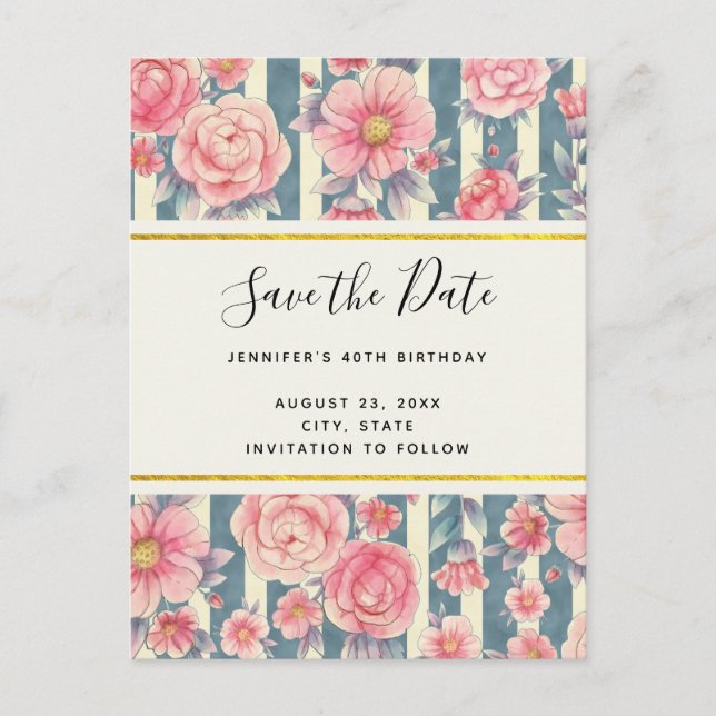 Invitation Carte Postale Fleurs d'aquarelle rose sur bandes Enregistrer la  (Devant)
