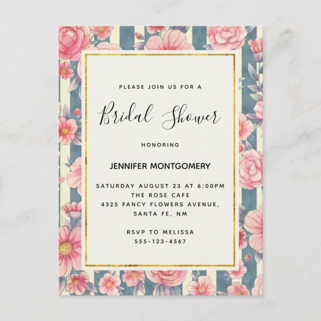 Invitation Carte Postale Fleurs d'aquarelle rose sur la Fête des mariées de (Devant)