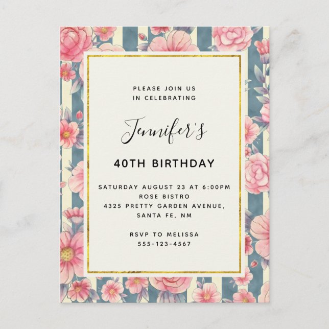Invitation Carte Postale Fleurs d'aquarelle rose sur rayures Anniversaire (Devant)
