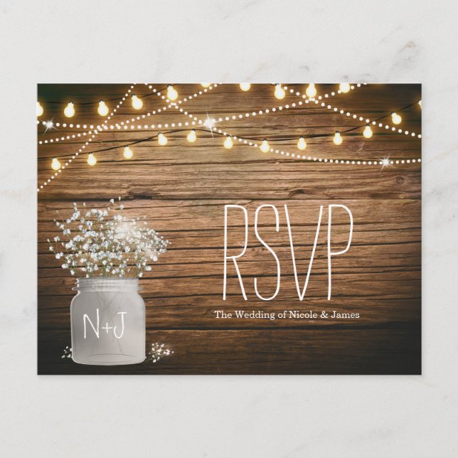 Invitation Carte Postale Fleurs de Baby's Breath dans un pot Mason rustique (Devant)