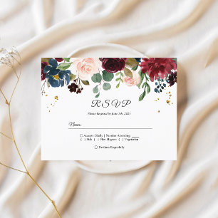 Invitation Carte Postale Fleurs de beauté bordeaux marine et rouge rustique