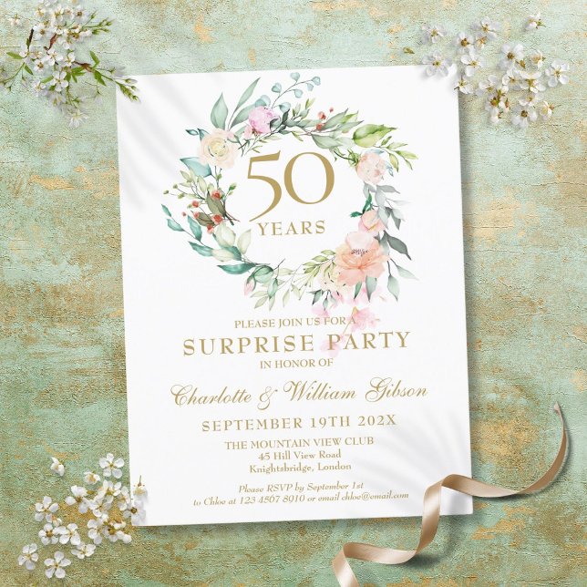 Invitation Carte Postale Fleurs de la guirlande de la fête surprise du 50e  (50th Anniversary Surprise Party Roses Garland Invitation Postcard)