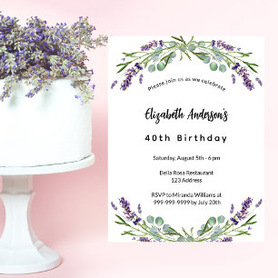 Invitation Carte Postale Fleurs de lavande d'anniversaire eucalyptus verdur