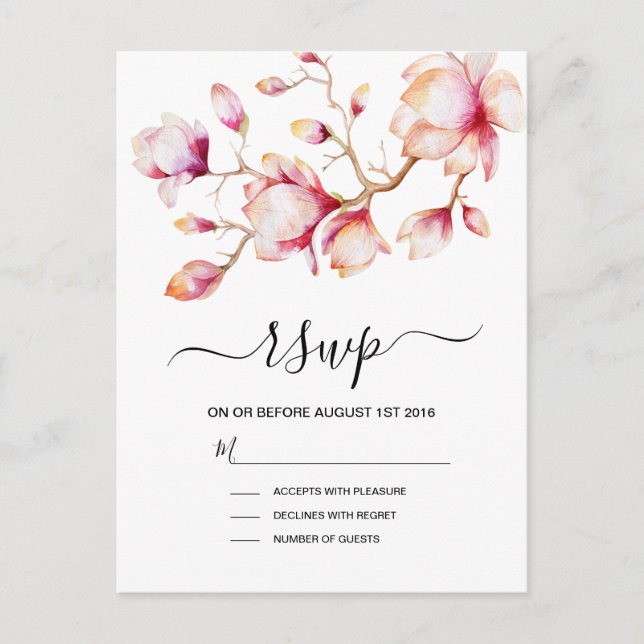 Invitation Carte Postale Fleurs de Magnolia rose Aquarelle (Devant)
