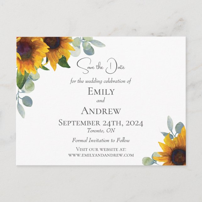 Invitation Carte Postale Fleurs de soleil élégantes et aquarelle verdure (Devant)