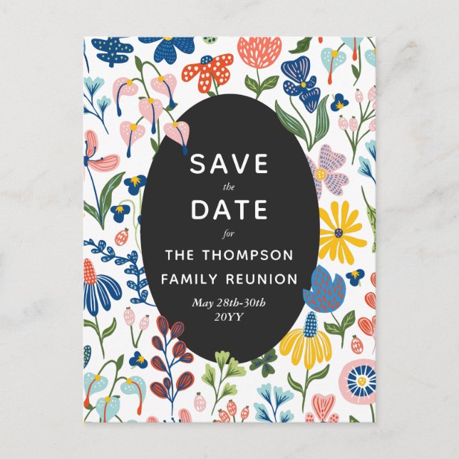 Invitation Carte Postale Fleurs de Whimsical Réunion de famille Enregistrer (Devant)
