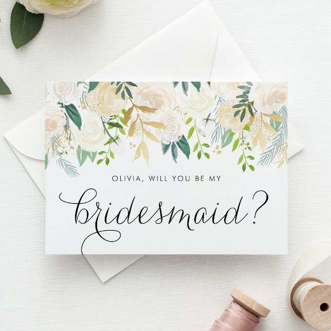 Invitation Carte Postale Fleurs D'Ivoire Douce Serez-Vous Ma Femme D'Accuei (Floral Bridesmaid Proposal Card with Soft Ivory Flowers and Faux Gold Foil and Glitter Accents)