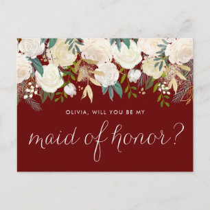 Invitation Carte Postale Fleurs d'ivoire Rouge Serez-vous ma femme d'honneu
