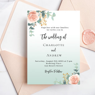 Invitation Carte Postale Fleurs d'or rose mariage vert