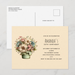 Invitation Carte Postale Fleurs Fantaisistes dans un Pot de Fleurs Annivers
