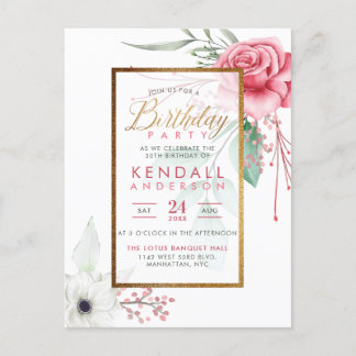 Invitation Carte Postale Fleurs Gouache Rose Cute Fête Botanique Anniversai