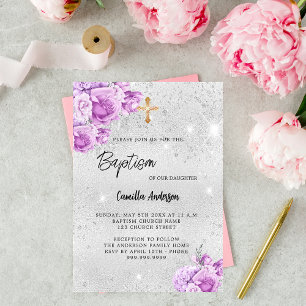 Invitation Carte Postale Fleurs rose argent fille Baptême