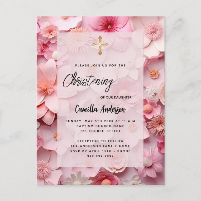 Invitation Carte Postale Fleurs rose pâle, chéri petite fille (Devant)