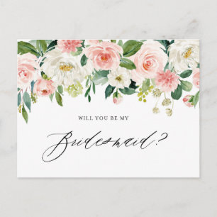 Invitation Carte Postale Fleurs Roses Aquarelle Veux-Tu Être Ma Demoiselle 