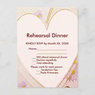 Invitation Carte Postale Fleurs roses, cœur, anneaux RSVP dîner de répétiti