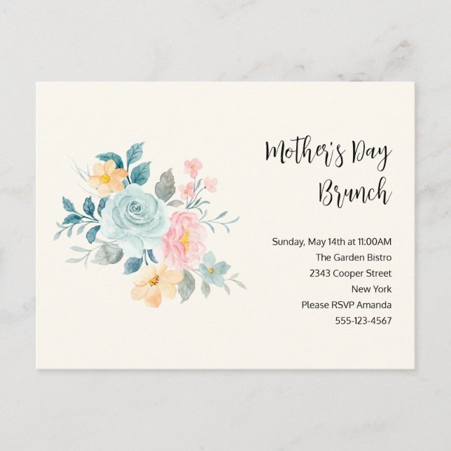Invitation Carte Postale Fleurs roses et bleues élégantes - Brunch de la fê (Devant)