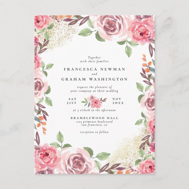 Invitation Carte Postale Fleurs roses et Mariage botanique de poussière dor (Devant)