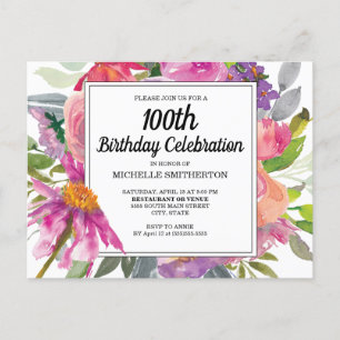 Invitation Carte Postale Fleurs roses et violettes pour les 100 ans d'une f