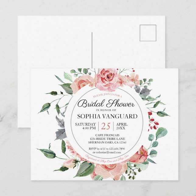 Invitation Carte Postale Fleurs roses fraîches Fête des mariées élégante (Devant / Derrière)