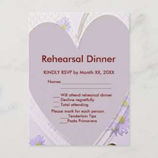 Invitation Carte Postale Fleurs Violettes, Cœur, RSVP Dîner de Répétition P