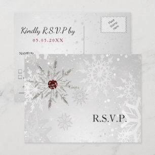 Invitation Carte Postale flocon rouge argent hiver mariage rsvp invitati
