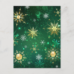 Invitation Carte Postale Flocons de neige dorés de Noël sur fond vert