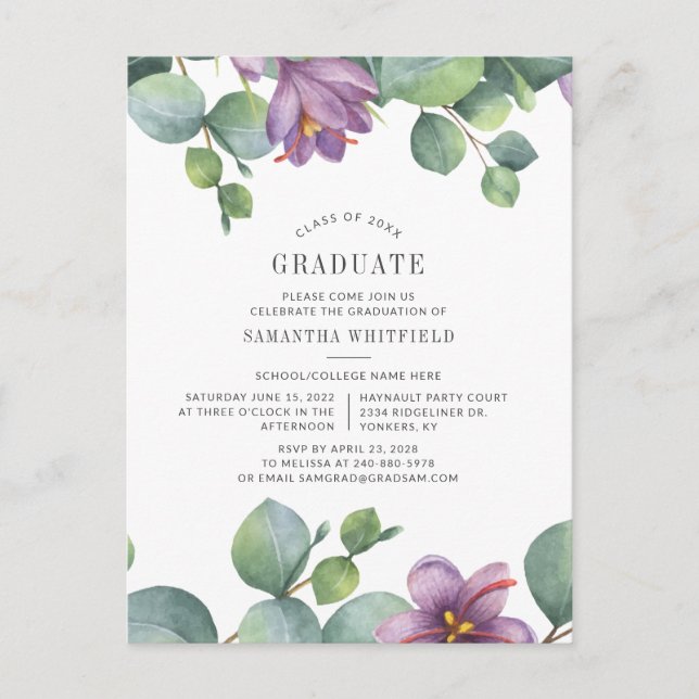 Invitation Carte Postale Floral 2025 ucalyptus Graduation Party (Devant)
