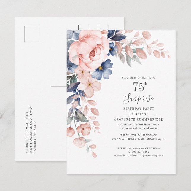 Invitation Carte Postale Floral 75e Surprise Anniversaire Botanique (Devant / Derrière)
