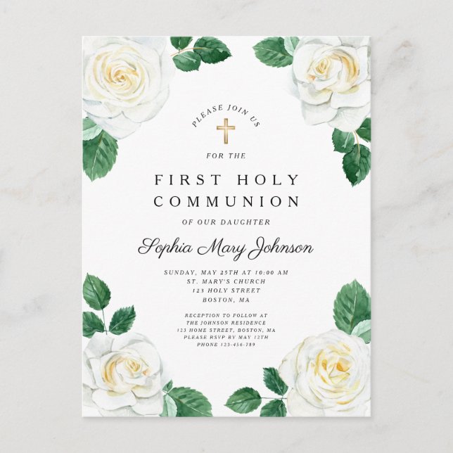 Invitation Carte Postale Floral Blanc Aquarelle Rose Fille Première Communi (Devant)