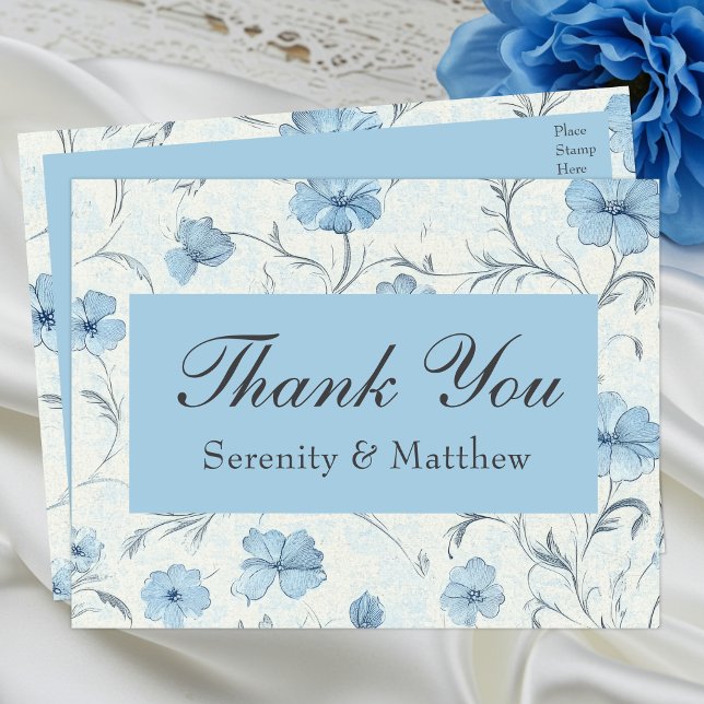 Invitation Carte Postale Floral Bleu Pays Jardin Merci de mariage (Créateur téléchargé)