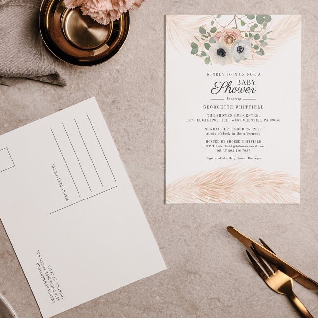 Invitation Carte Postale Floral Boho Pampas Grass Moderne Baby shower fille (Créateur téléchargé)